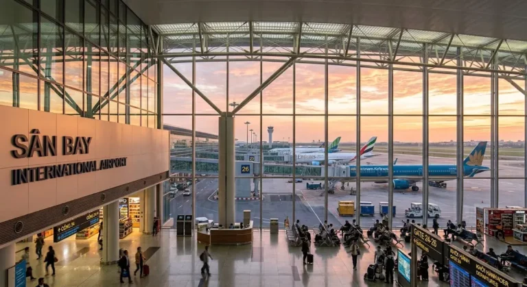 Modern glass-and-steel international airport terminal in Vietnam at sunrise with commercial airplanes on the tarmac and bilingual signage reading SÂN BAY.