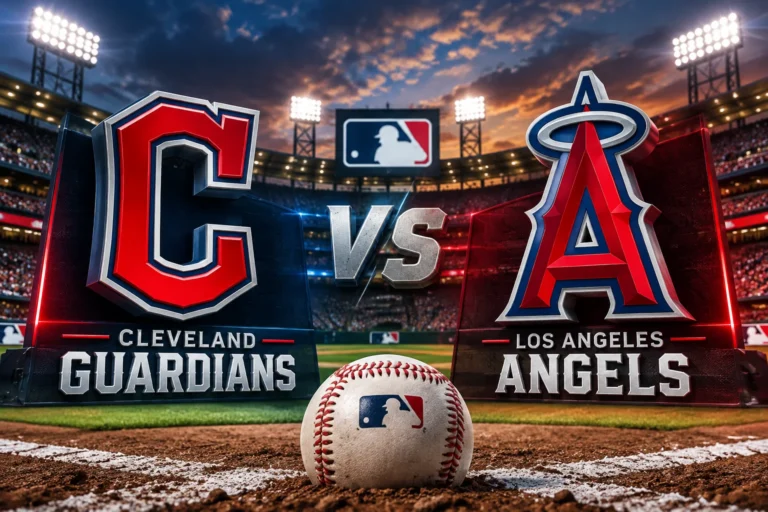 Cleveland Guardians vs Los Angeles Angels MLB matchup at baseball stadium with team logos