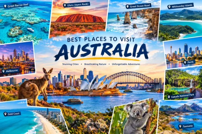 Best places to visit Australia featuring Sydney Opera House, Uluru at sunset, and Whitehaven Beach