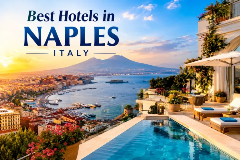 Best hotels in Naples Italy overlooking the Bay of Naples and Mount Vesuvius with a luxury hotel terrace and swimming pool.