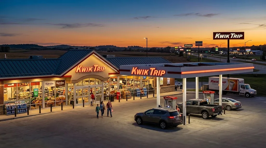 A hyper-realistic exterior view of a Kwik Trip convenience store and gas station canopy during a warm sunset in the American Midwest, featuring cars refueling and customers entering